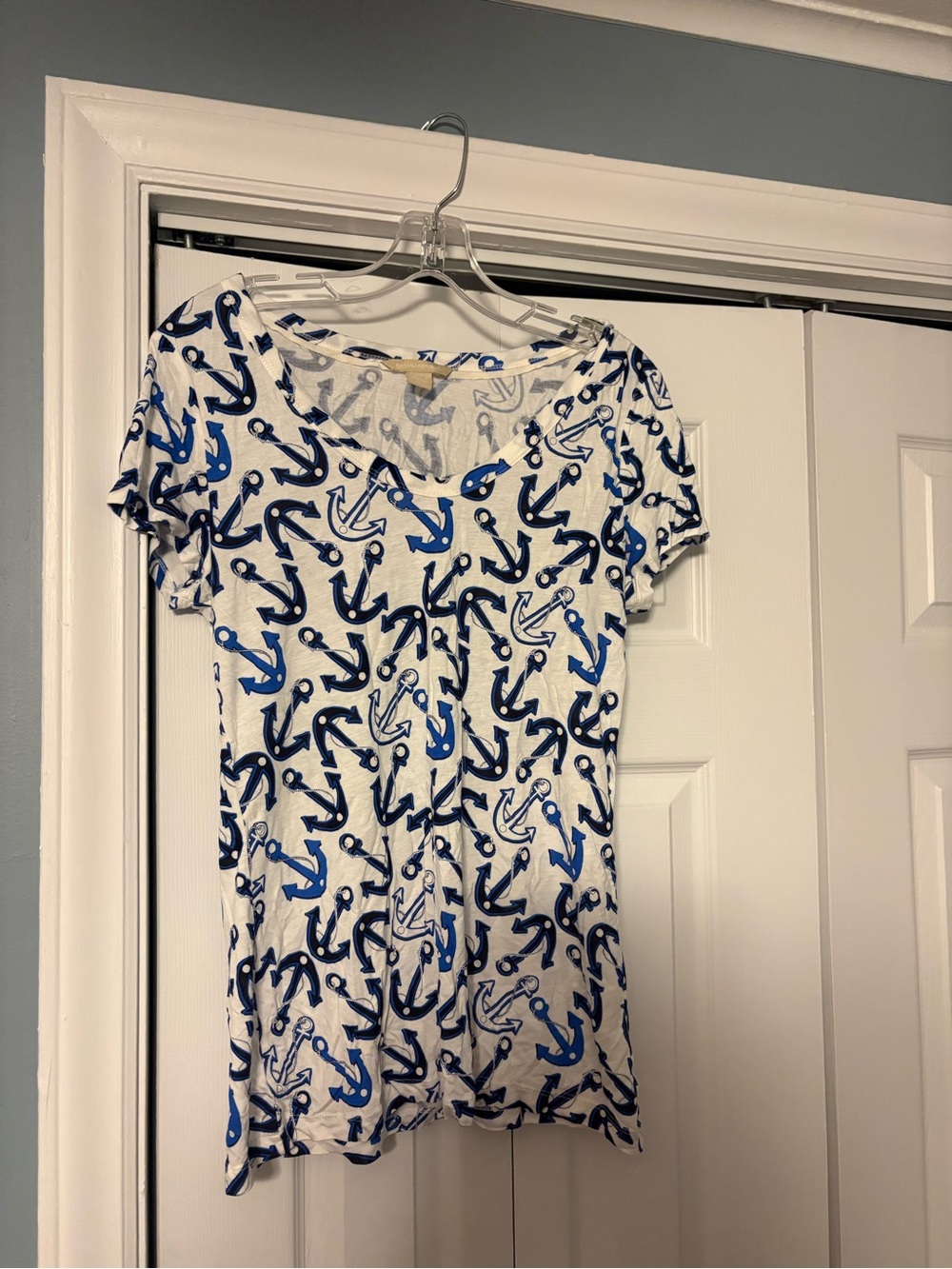 Banana Republic White Short Sleeve Top with Blue Anchor Print